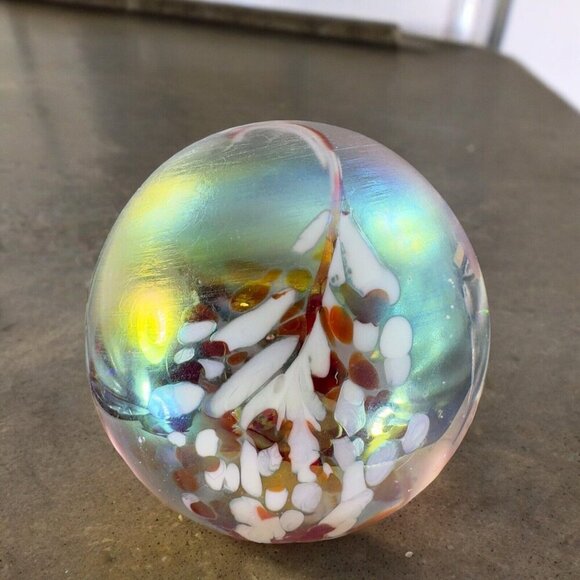 Hand Made Art Glass Paperweight Orb Polished Bottom Iridescent Glass Decor VTG - Picture 2 of 15